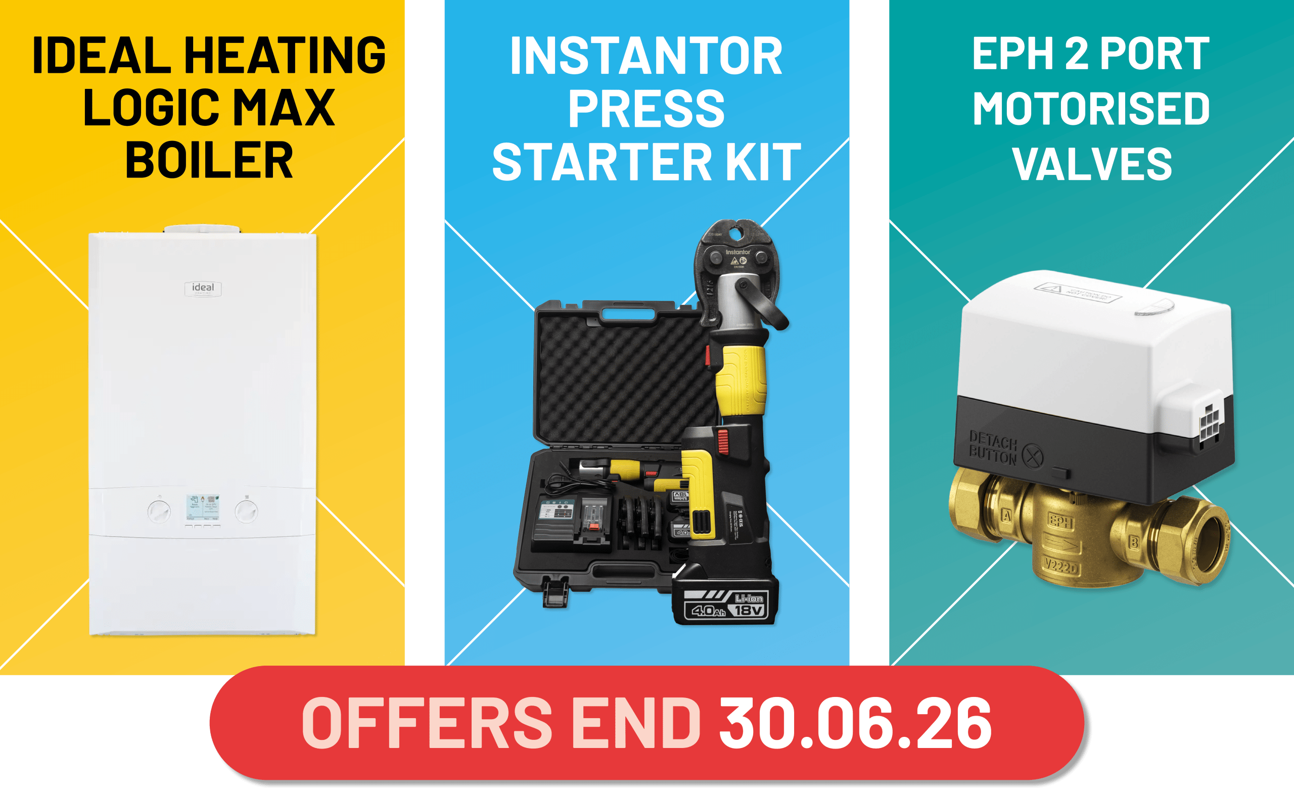 Promotional banner showing boiler press kit and motorised valves with offer ending 300626 Castle Plumbing Supplies Promotional banner showing boiler press kit and motorised valves with offer ending 300626